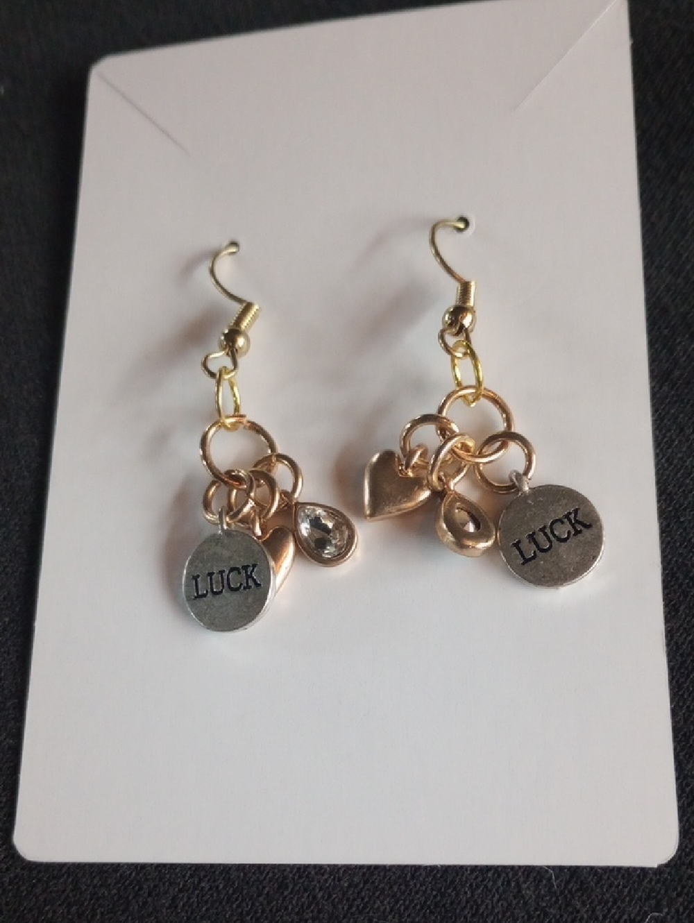 Hand Crafted Gold and Silver 'Luck' Charm Dangle Earrings